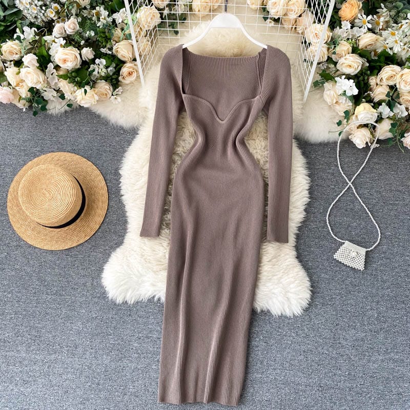 Croysier Dresses For Women 2021 Sexy Strapless Ribbed Knitted Bodycon Dress Women Winter Long Sleeve Midi Sweater Dress Clothes