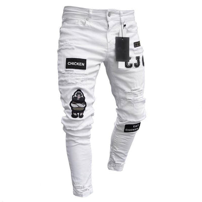 New Men's Slim-Fit Ripped Jeans Men's Painted Jeans Patch Beggar Pants Jumbo Men's Hip Hop Pants Size S-4XL