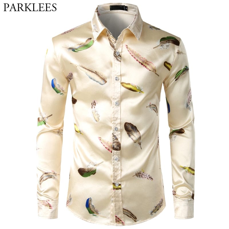 Feather Printed Silk Shirt Men Satin Smooth Men Long Sleeve Casual Party Button Down Men Designer Shirts for Men Camisas Hombre