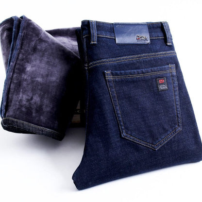 Winter New Men's Warm Slim Fit Jeans Business Fashion Thicken Denim Trousers Fleece Stretch Brand Pants Black Blue