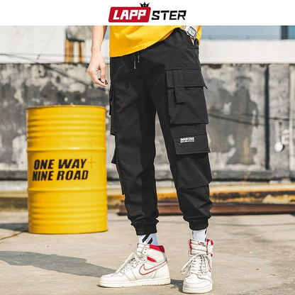 LAPPSTER Men Black Embroidery Joggers Pants  Man Streetwear Cargo Pants Male Pocket Sweatpants Grey Tactical Pants Plus Size