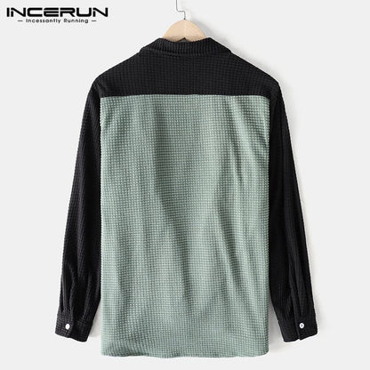 INCERUN Men Shirt Patchwork  Turn Down Collar Long Sleeve Chic Blouse Streetwear Button Casual Camisas Hombre Men Clothing 7