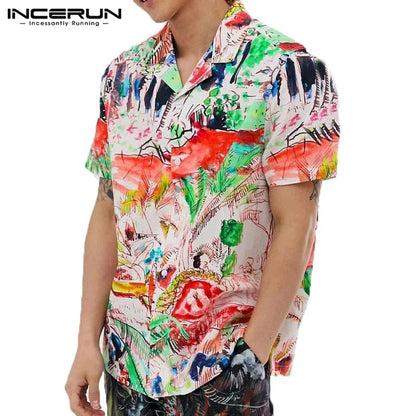 Summer Men Printed Shirt Short Sleeve Turn-down Collar Streetwear Chic Loose Mens Hawaiian Shirts  Vacation Camisa INCERUN