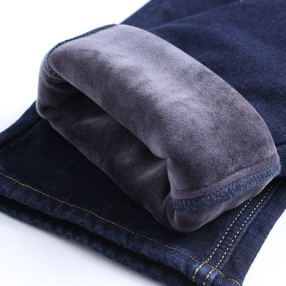 Winter New Men's Warm Slim Fit Jeans Business Fashion Thicken Denim Trousers Fleece Stretch Brand Pants Black Blue