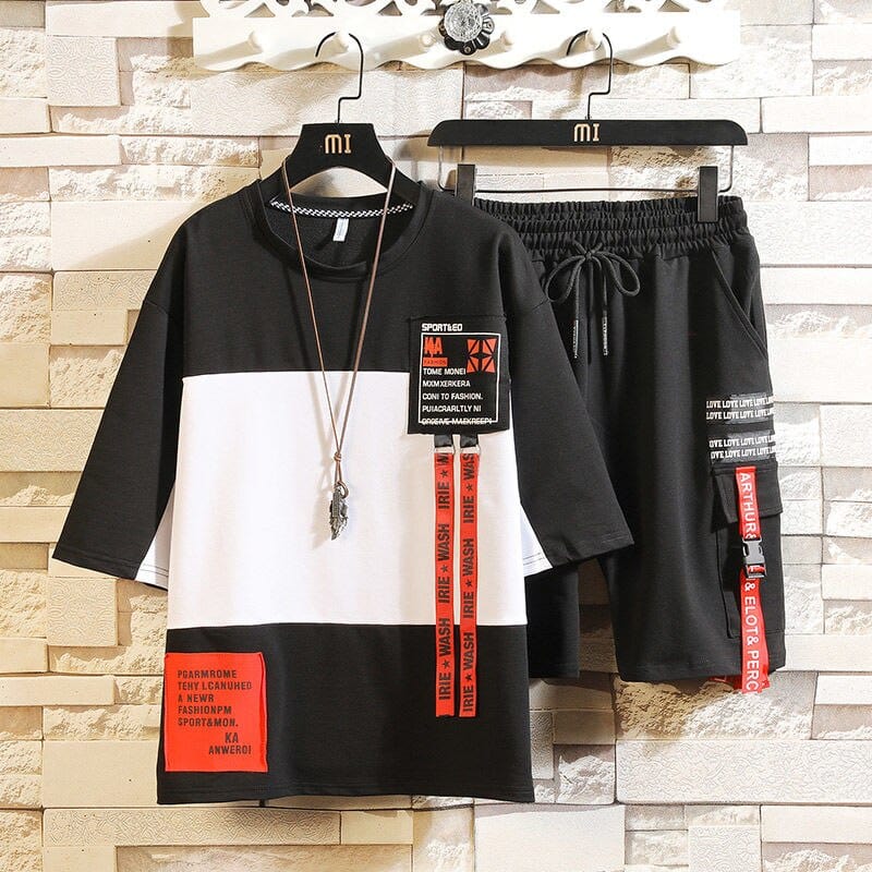 streetwear 2pcs set men Short-sleeved Shorts Two-piece Suit Male Summer Student Youth Hip Hop Sports Style Of All Matching