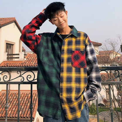 LAPPSTER Men Oversized Cotton Plaid Shirt  Man Hip Hop Patchwork Button Up Long Sleeve Shirt Couple Korean Harajuku Clothing