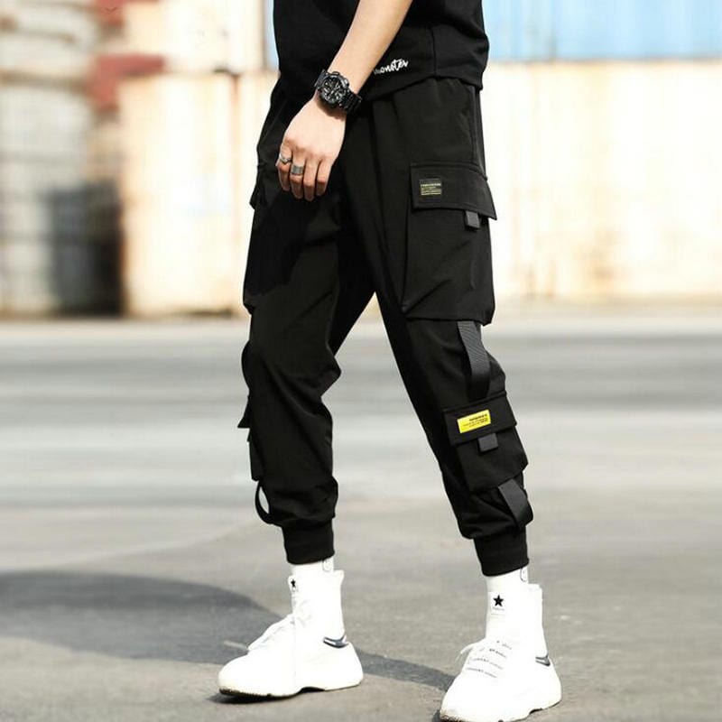 Streetwear Hip Hop Pantaloni harem negri pentru bărbați Pantaloni punk cu talie elastică cu panglici Pantaloni de jogger subțiri ocazional Pantaloni hip hop pentru bărbați