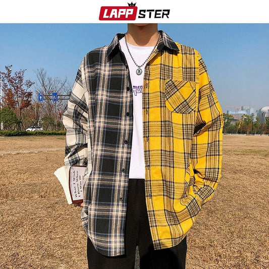 LAPPSTER Men Oversized Cotton Plaid Shirt 2022 Man Hip Hop Patchwork Button Up Long Sleeve Shirt Couple Korean Harajuku Clothing