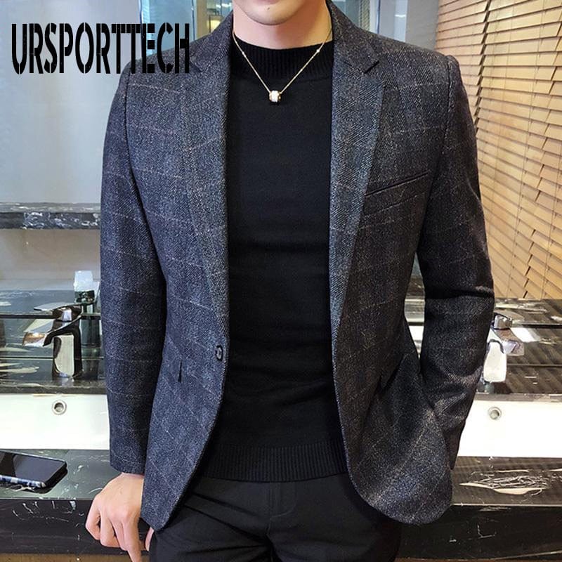 URSPORTTECH Men&#39;s Blazer British&#39;s Style Casual Slim Fit Suit Jacket Male Plaid Blazers Men Coat Terno Masculino Plus Size M-5XL