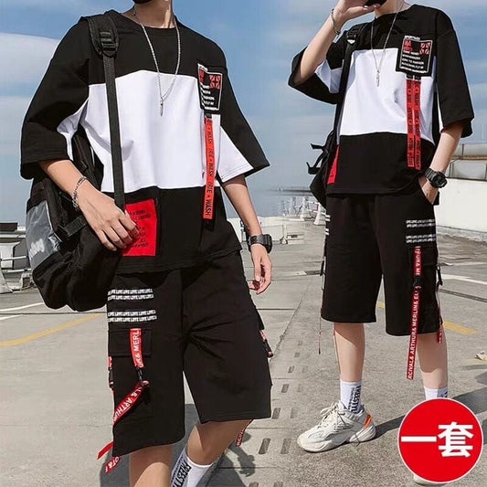 îmbrăcăminte de stradă 2 buc set bărbați pantaloni scurți cu mânecă scurtă costum din două piese pentru bărbați de vară student pentru tineret hip hop stil sportiv de toate asortate