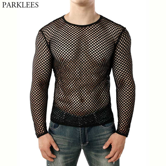 Mens Transparent Sexy Mesh T Shirt 2021 New See Through  Fishnet Long Sleeve Muscle Undershirts Nightclub Party Perform Top Tees