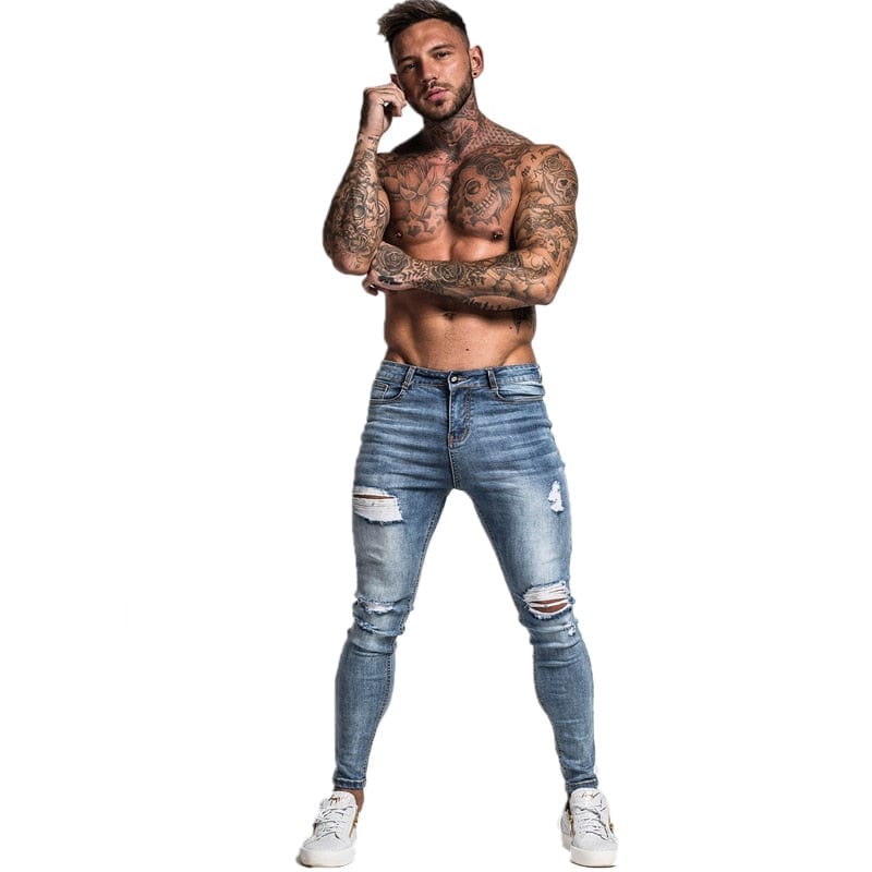 Gingtto Blugi pentru bărbați Skinny Stretch Blugi reparați Albastru deschis Hip Hop Distressed Super Skinny Slim Fit Bumbac Confortabil Mărime mare