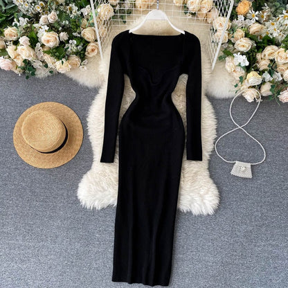 Croysier Dresses For Women  Sexy Strapless Ribbed Knitted Bodycon Dress Women Winter Long Sleeve Midi Sweater Dress Clothes