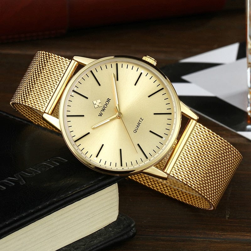 WWOOR Men Gold Watches  Luxury Brand Men Fashion Quartz Golden Clock Male Simple Sports Waterproof Wrist Watch Zegarek Meski