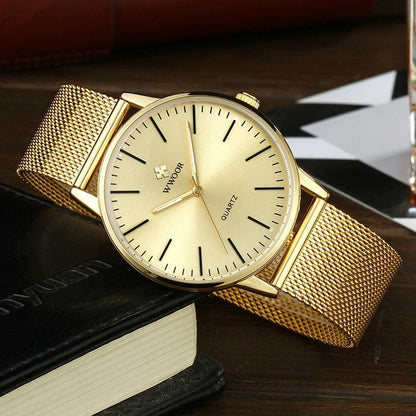 WWOOR Men Gold Watches  Luxury Brand Men Fashion Quartz Golden Clock Male Simple Sports Waterproof Wrist Watch Zegarek Meski