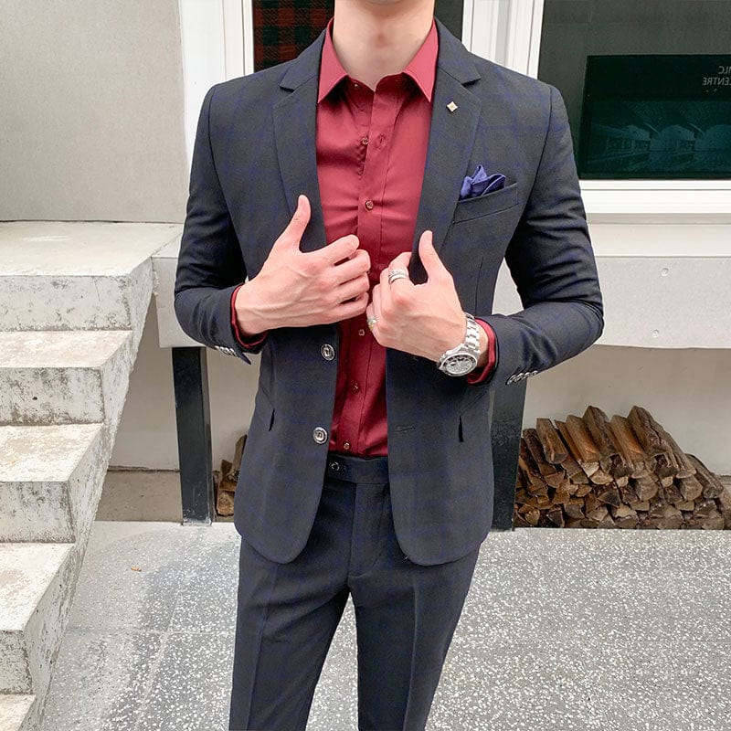 Men Dress Blazers Pants Vest 3 Piece Set / Male Wedding New 2022 Autumn Business Formal Plaid Suit Luxury Slim Fit Coat Trousers