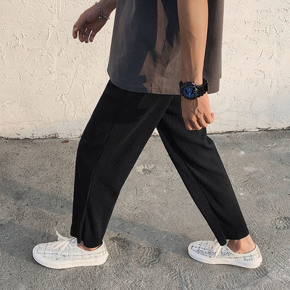 Pleated Straight Pants Men's Fashion Elastic Waist Casual Pants Men Streetwear Loose Ice Silk Trousers Mens Wide Leg Pants S-2XL