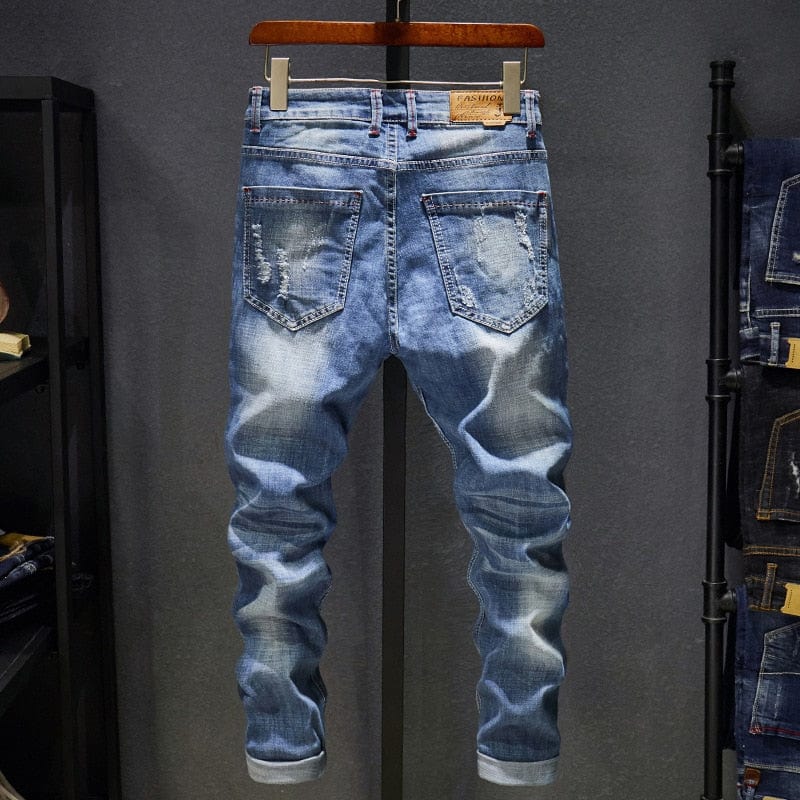 Blugi rupți bărbați, slim fit, albastru deschis, stretch, îmbrăcăminte de stradă, uzați hip hop, blugi casual, denim, pantaloni, pantaloni pentru bărbați