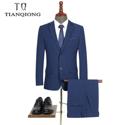 TIAN QIONG New Men &#39;s Suit Two -piece Black Navy Suits Men 2019 Brand Slim Fit Groom Wedding Suit Korean Jacket Pants Trousers