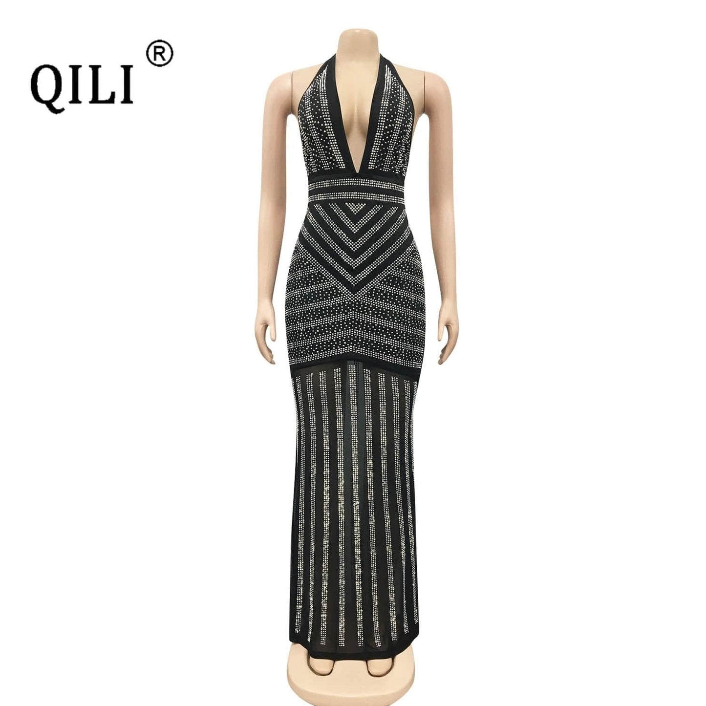 QILI Sexy Deep V Neck Halter Backless Dress Elegant Diamonds Maxi Long Dress Empire Waist Sexy Party Dresses for Womens