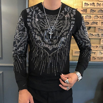 Autumn Winter New Fashion Brand Men's Tee Shirt Homme Personalized Trend Hot Drilling Tiger Head Men's Heavy Industry Tshirt Men