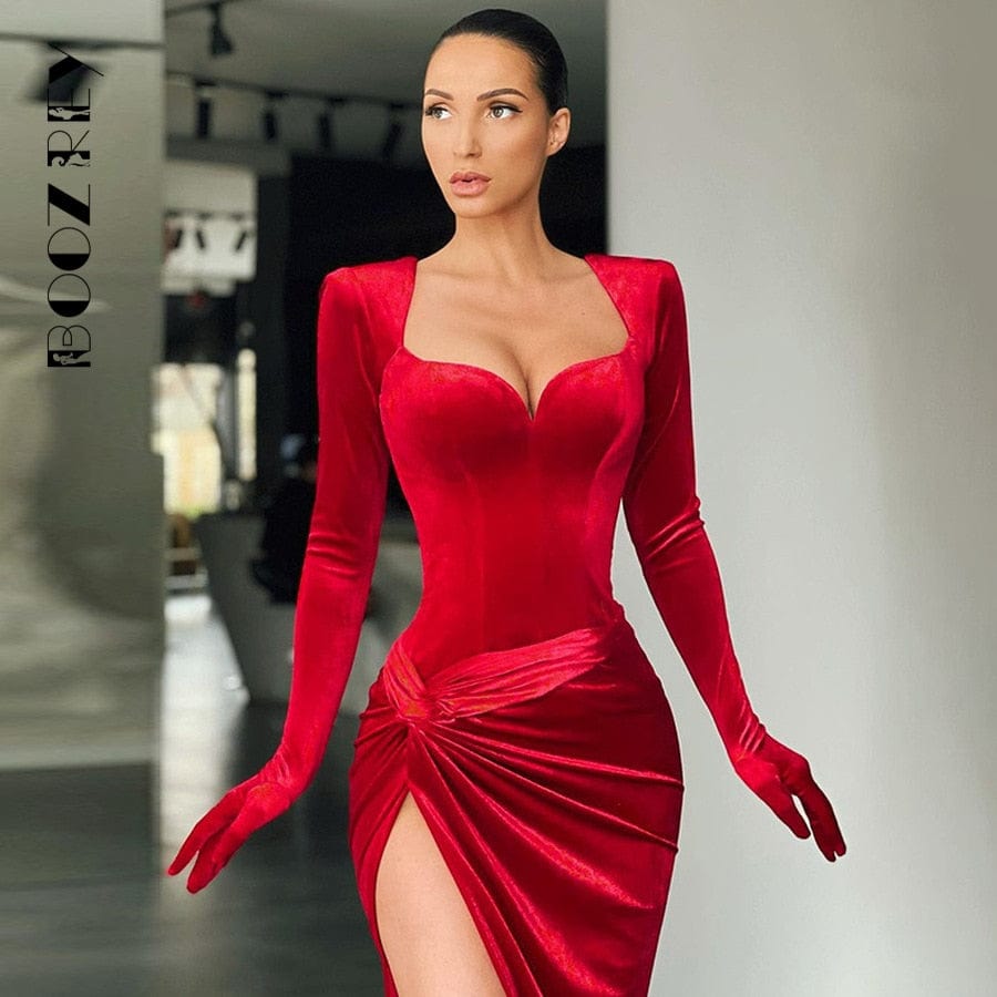 BoozRey Women Elegant Gown Long Dress Evening Club Outfits Women Gloves Sleeve Velvet Sexy Slit Maxi Dresses Bridesmaid Dresses