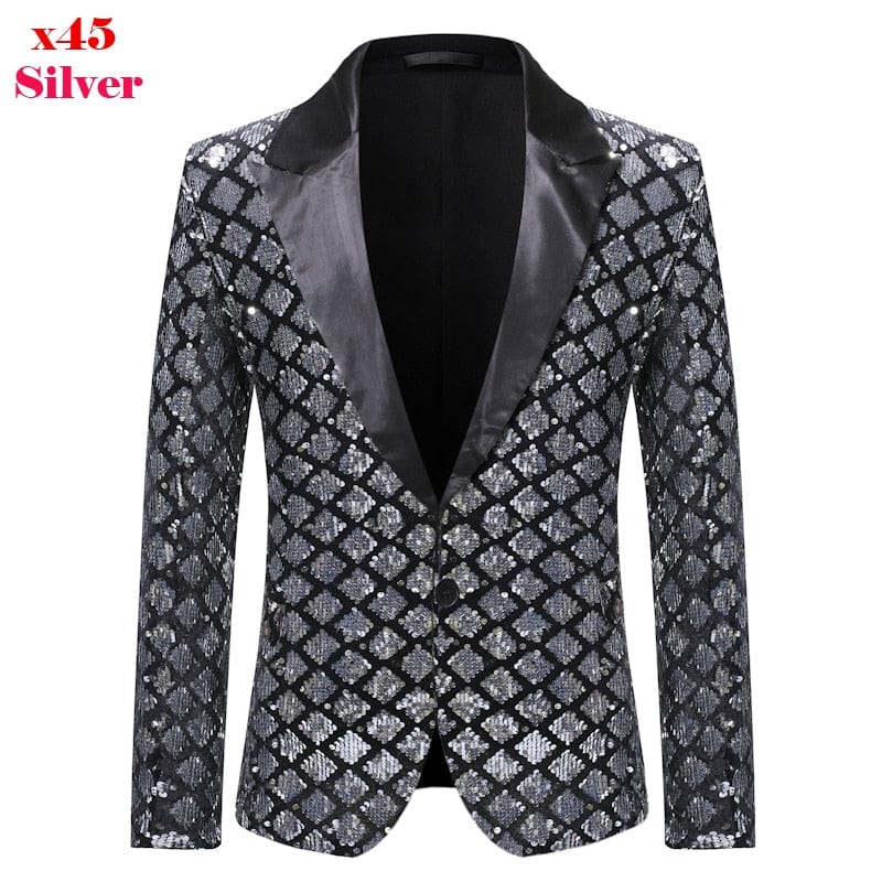 Silver Sequin Plaid Blazer Jacket Men 2019 Fashion Slim FIt One Button Dress Suit Blazer Male Party Wedding Stage Costume Homme