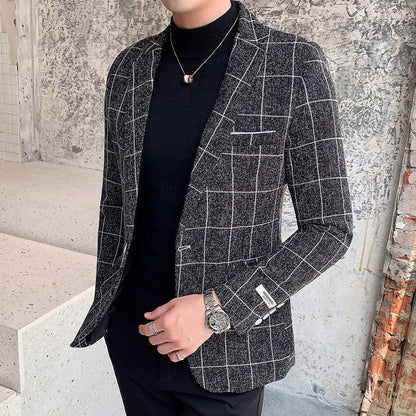 New Men Business Fashion Suit Blazer Plaid Design Plus Size Casual Male Slim Fit Dress Jacket Coat Americana Hombre