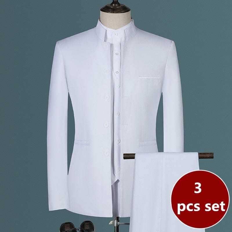 2022 Fashion Men&#39;s Casual Boutique White Stand Up Collar Chinese Style 3 Pcs Suit Set Slim Fit Blazers Jacket Coat Pants Vest