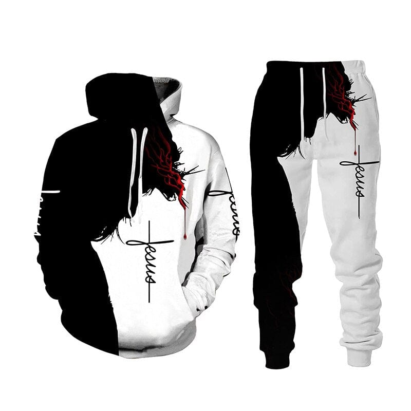 Jesus 3D Lion Print Hoodie + Pantaloni Set Două Piese Trening Bărbați Femei Hanorac cu Glugă Toamnă și Iarnă Costum de îmbrăcăminte pentru bărbați