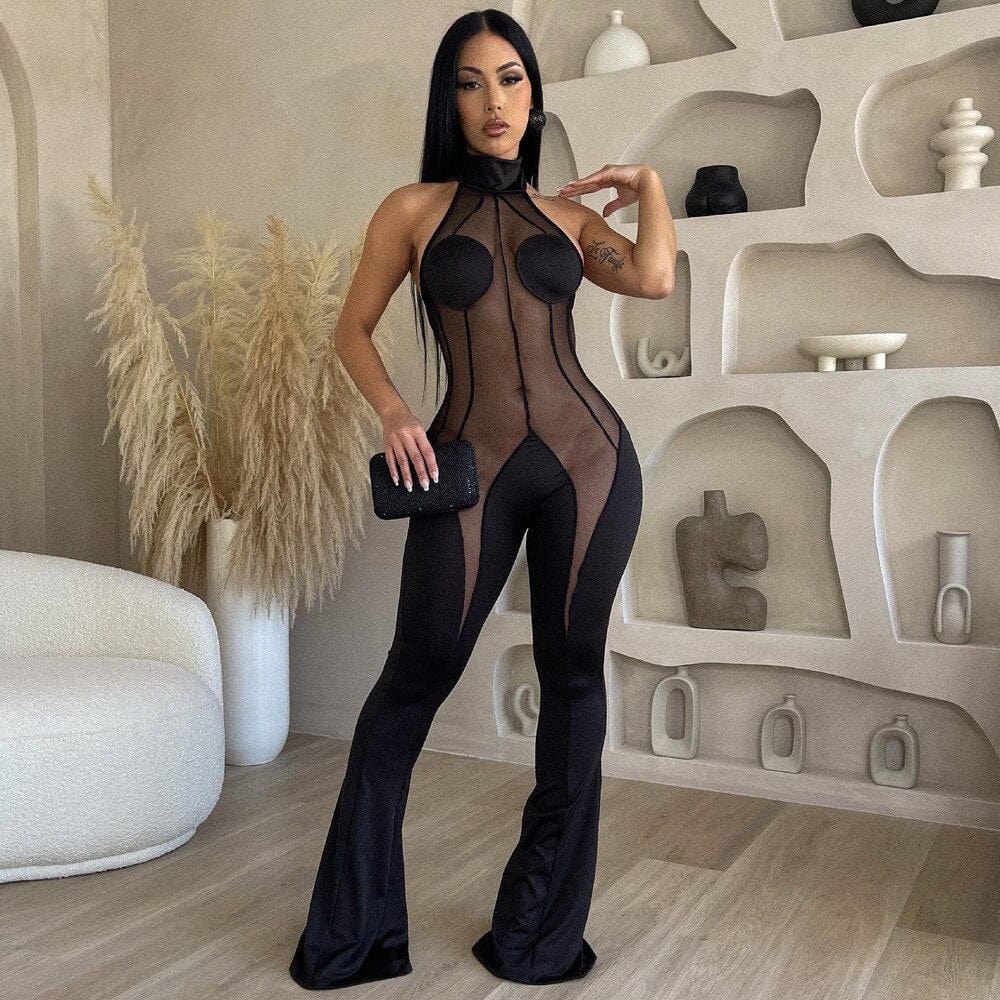 Sexy Halter Backless Long Jumpsuit Women Patchwork Mesh Bodycon Rompers Summer Wide Leg Pants See Through One Piece Club Outfit