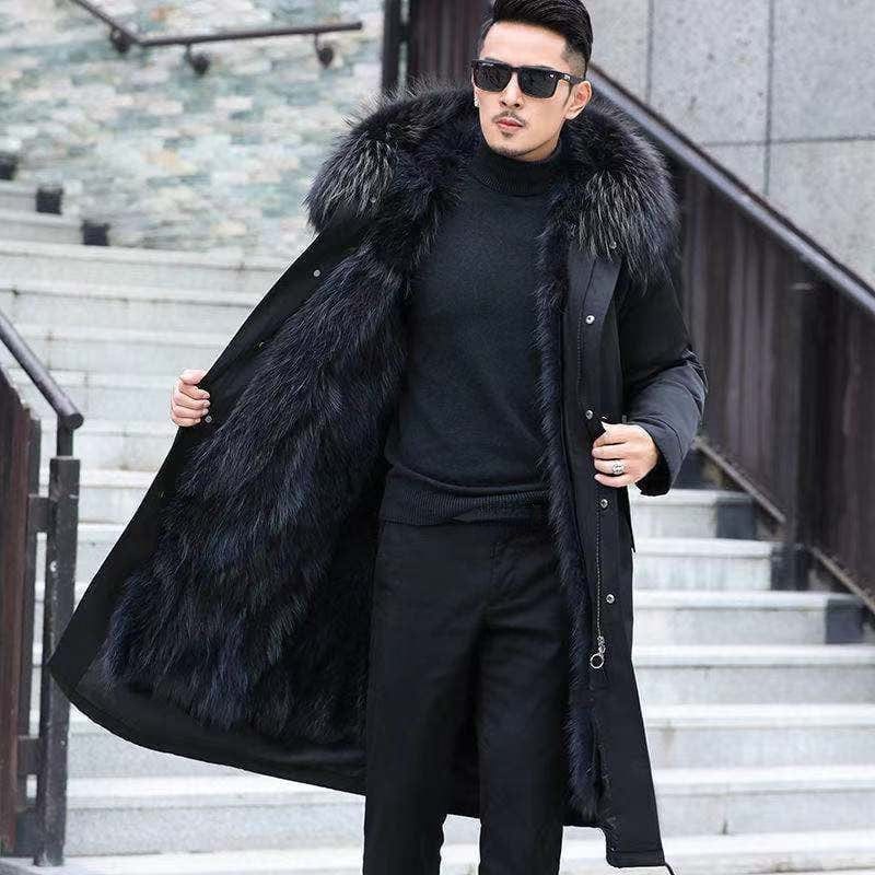 Faux Fur Coat Loose OverCoat Thick Warm Men Plush Coats Fox Hair Inner Liner Detachable Collar Long Fur Parkas Fur Jacket
