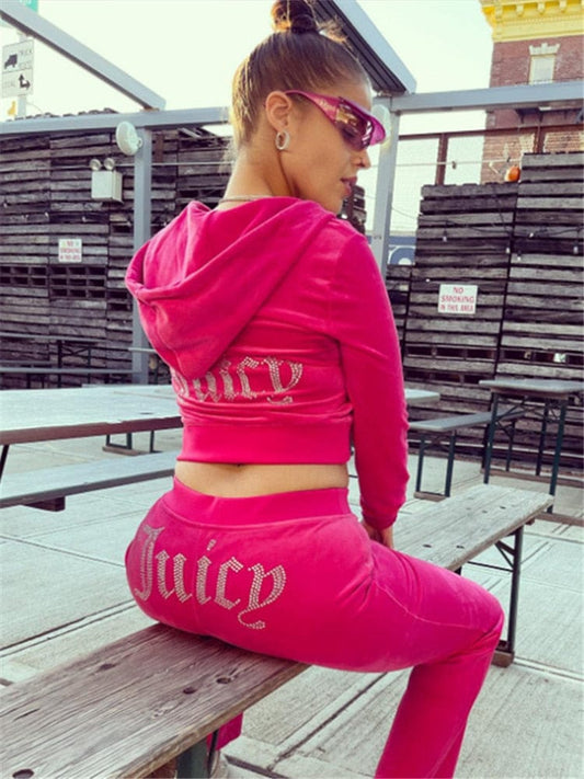 Velevt Set Două Piese Diamante Hanoră Crop Jachetă și pantaloni de jogging Ținute Streetwear Y2K Costume de jogging Trening Juicy Corture