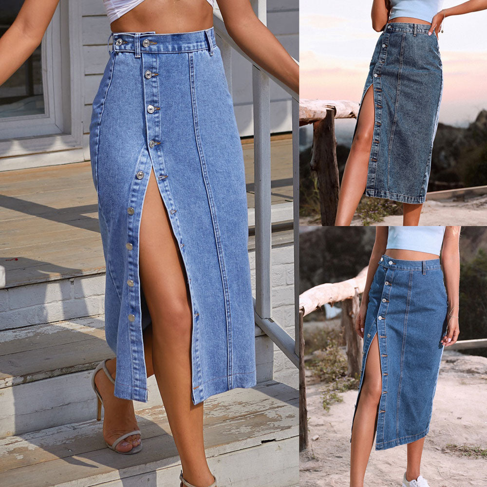 2022 Women Jean Skirt Solid Sexy Button Mid-Calf Long Straight  Denim Skirt  For Female Street Casual Wear Clothes