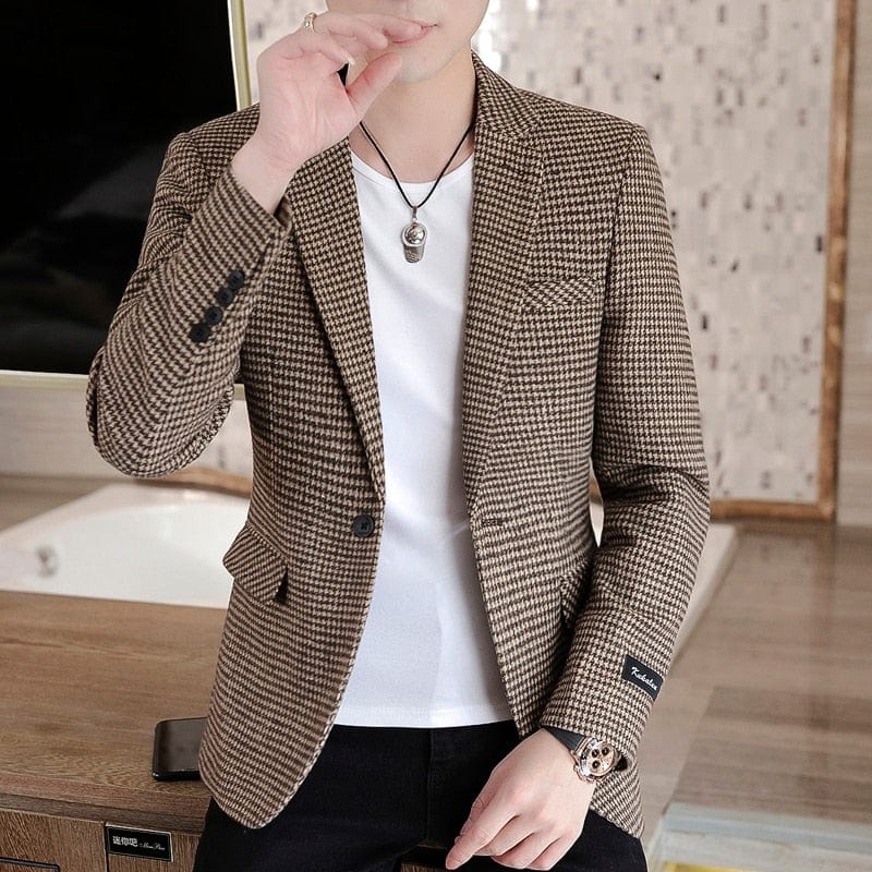 Brand Men Blazer Personality Wild Men's Suit Jacket High Quality Fashion Plaid Print Slim Fit Warm Blazer Coat Male S-3XL