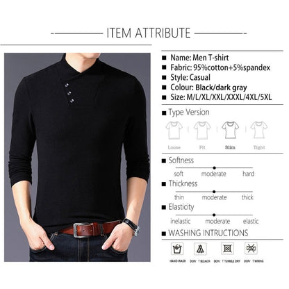 BROWON Spring Fashion Slim Fit T Shirt Men Cotton Tshirt Men Long Sleeve Irregular Collar Solid Color Men Clothes