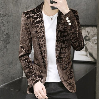 Mens Velvet Blazers  Spring New Fashion Casual Slim Gold Velvet Letter Print Suit Jacket Male Blazer Brand Clothing Coat
