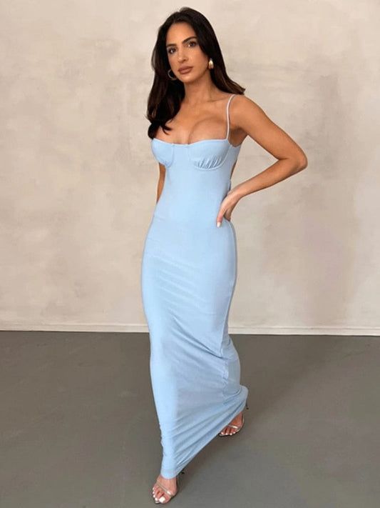 Blue Slim Maxi Dress Women Sexy Backless Evening Party Dress 2023 Summer Fashion Strap Hollow Out Long Club Outfits Sleeveless