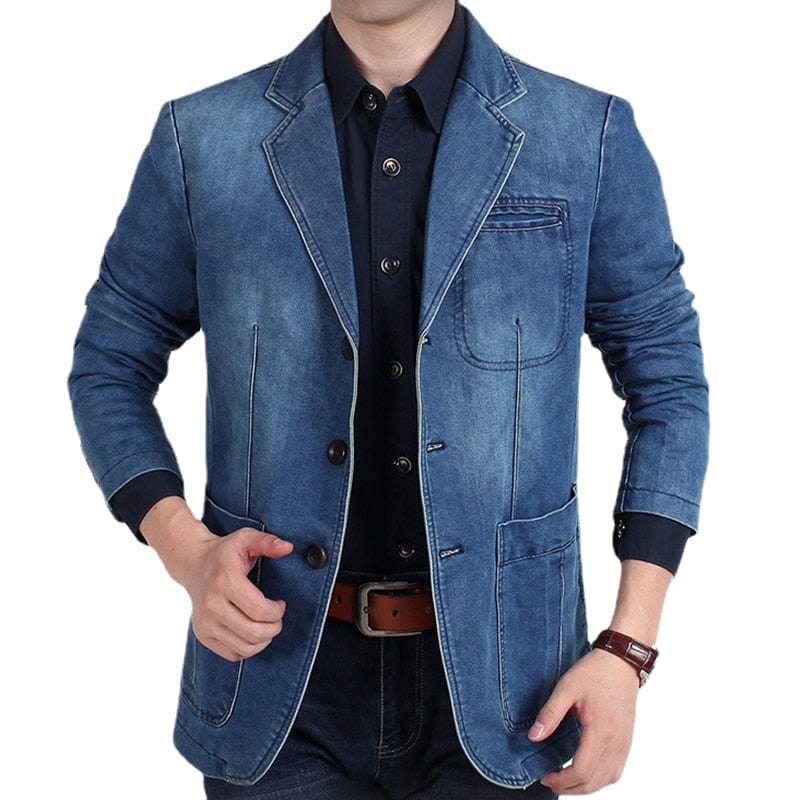 Blazers Jacket Men Casual Denim Slim Pocket Splicing Coat Men&#39;s Long Sleeve Single-Breasted Turn-down Collar Blazers Jacket