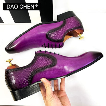 LUXURY DESIGN MEN OXFORD SHOES PURPLE BLACK SNAKE SKIN PRINTS MENS DRESS SHOES LACE UP POINTED TOE POLISH REAL LEATHER SHOES MEN