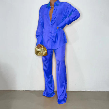 Elegant Satin Women Sets Casual Long Sleeve Shirt Straight Pants Suit  Pieces Outfits