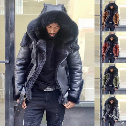 New Men's Artificial Leather Coat Winter Large Size Jacket with Fur Collar and Long Sleeve Wool Lining Casual Men's Jacket