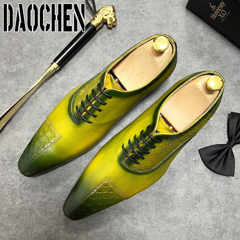 Luxury Design Men Oxford Shoes Lace up Split Toe Weave Printing Black Green Men Dress Shoes Office Wedding Leather Shoes For Men