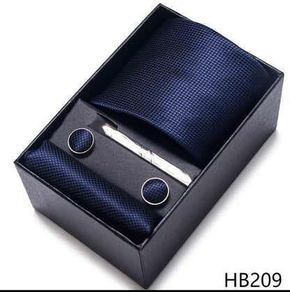 Silk Brand Tie Handkerchief Cufflink Set Necktie Holiday Gift Box Man's Blue Gold Suit Accessories Slim Cravat Wedding Gravatas