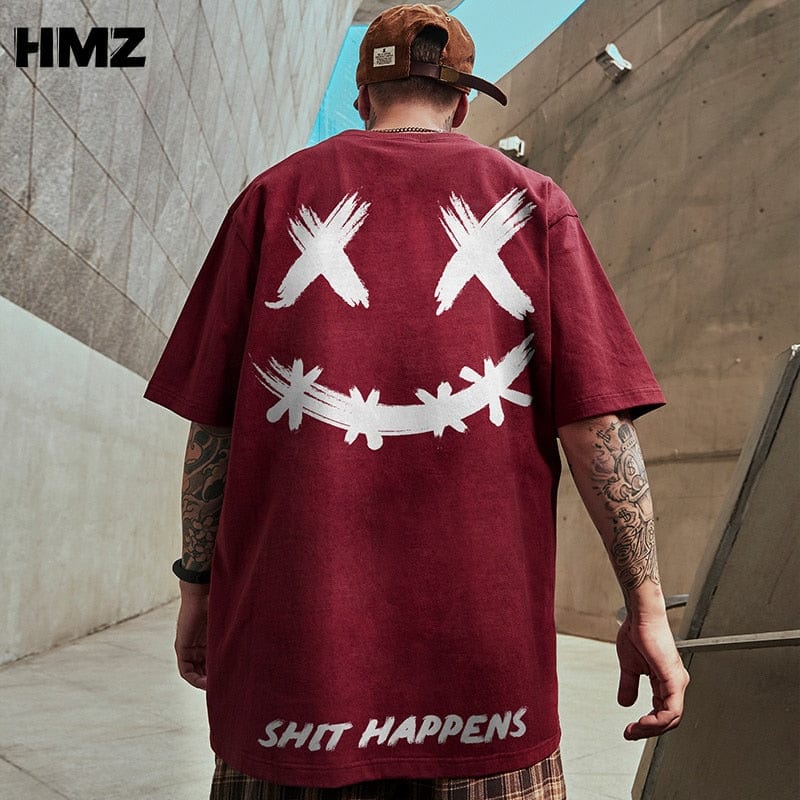 HMZ 2022 T Shirt Streetwear Men Oversize Hip Hop T-Shirt Smile Print Harajuku Tshirt Summer Short Sleeve Cotton Loose Tops Tees