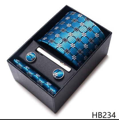 Silk Brand Tie Handkerchief Cufflink Set Necktie Holiday Gift Box Man's Blue Gold Suit Accessories Slim Cravat Wedding Gravatas