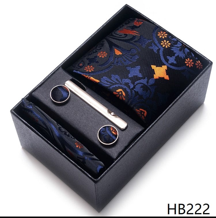 Silk Brand Tie Handkerchief Cufflink Set Necktie Holiday Gift Box Man&#39;s Blue Gold Suit Accessories Slim Cravat Wedding Gravatas