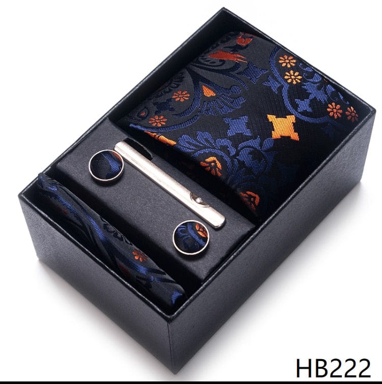 Silk Brand Tie Handkerchief Cufflink Set Necktie Holiday Gift Box Man's Blue Gold Suit Accessories Slim Cravat Wedding Gravatas