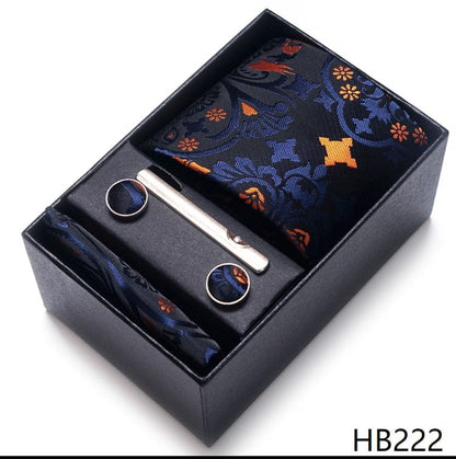 Silk Brand Tie Handkerchief Cufflink Set Necktie Holiday Gift Box Man's Blue Gold Suit Accessories Slim Cravat Wedding Gravatas