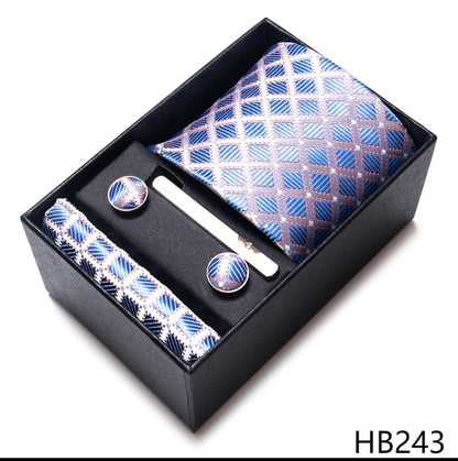 Silk Brand Tie Handkerchief Cufflink Set Necktie Holiday Gift Box Man's Blue Gold Suit Accessories Slim Cravat Wedding Gravatas